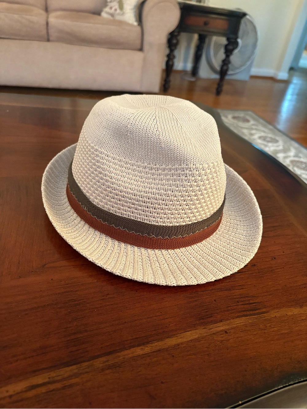 Cream Knit Fedora Hat with Brown & Olive Band